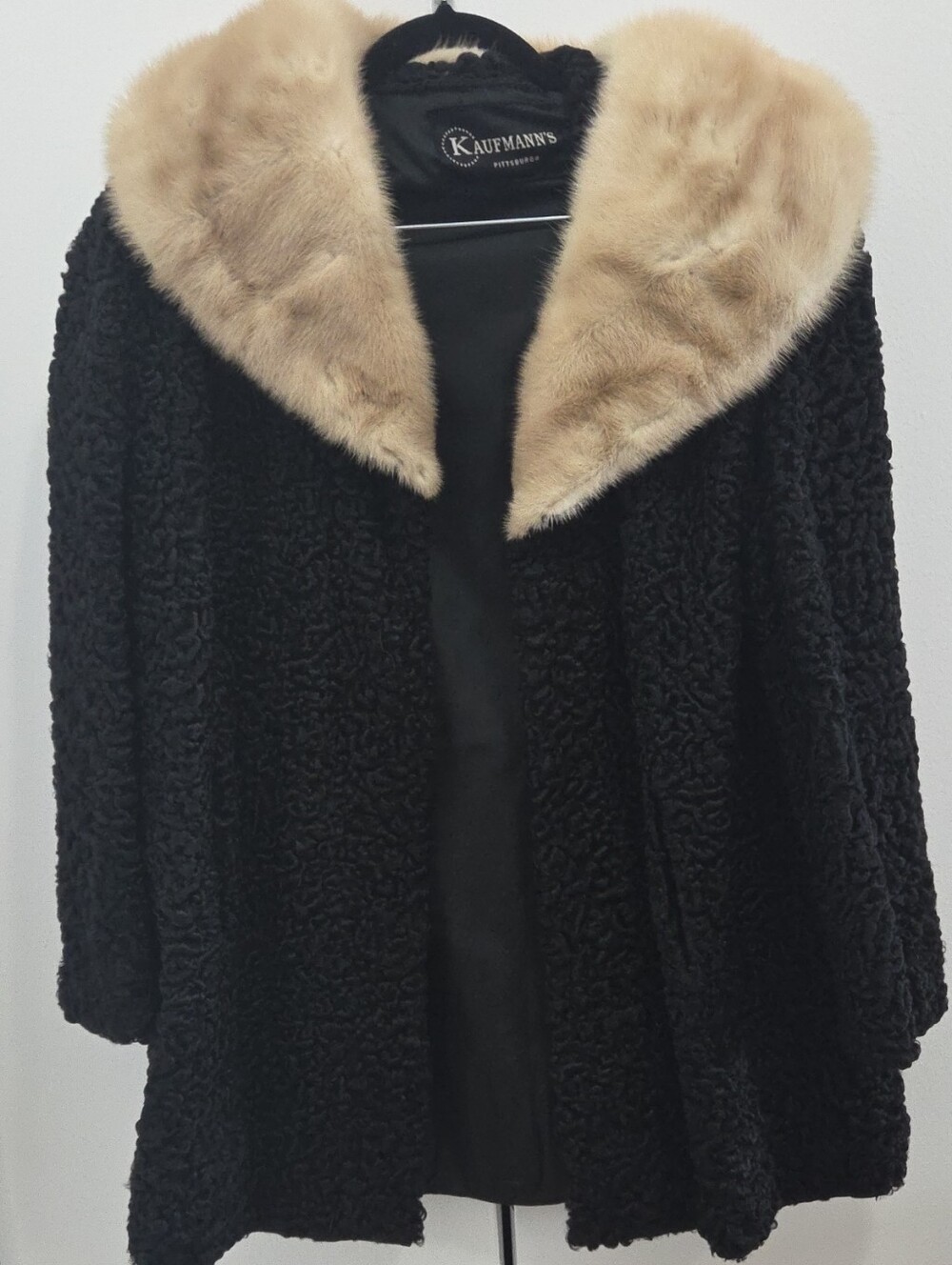 Black Faux Persian Lamb Coat with Beige Fur Collar
